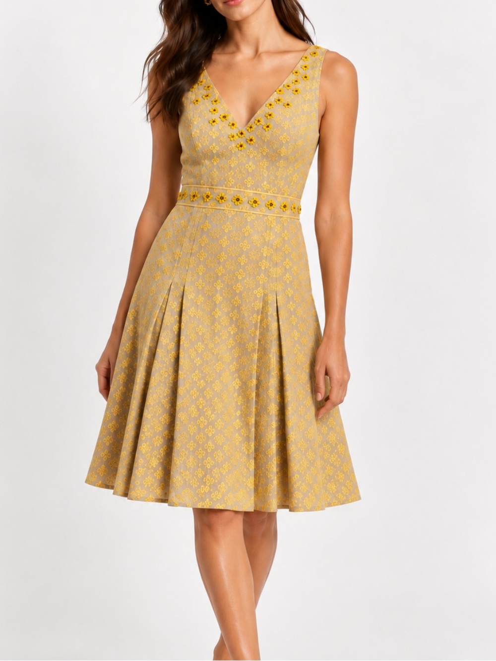 Tory Burch Embroidered and Beaded Floral Fit-and-Flare Dress Yellow and Tan